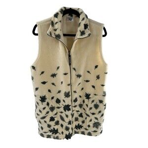Women's Vintage Cityscape Ivory Green Leaves Fleece Vest Size L